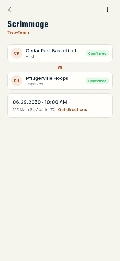 Scrimmage detail with both teams, date and place