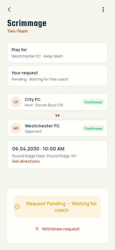 A player's request on a scrimmage: Play for Westchester FC, pending