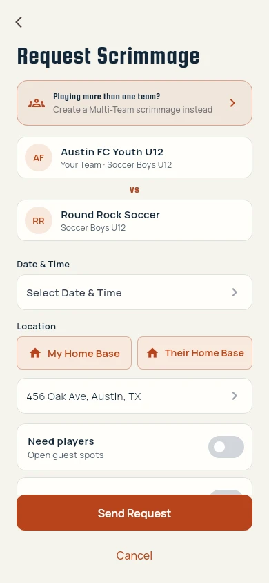 Request Scrimmage screen: both teams, date and time, location buttons and options