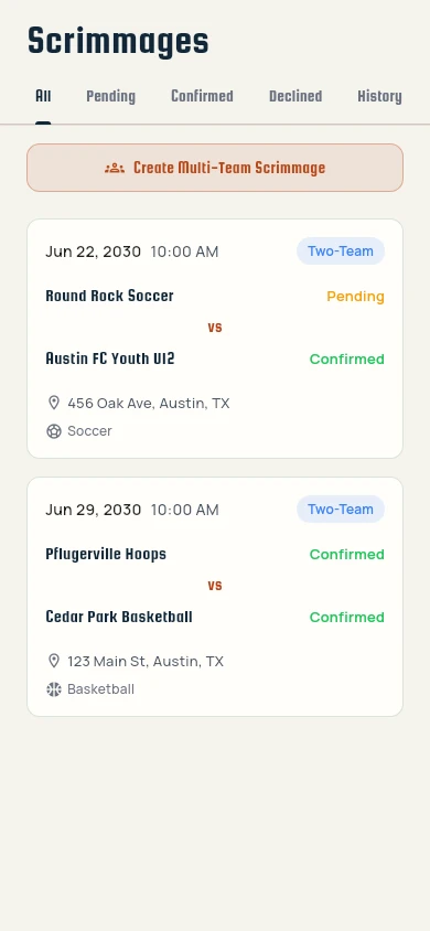 Scrims list showing upcoming games with each team's status