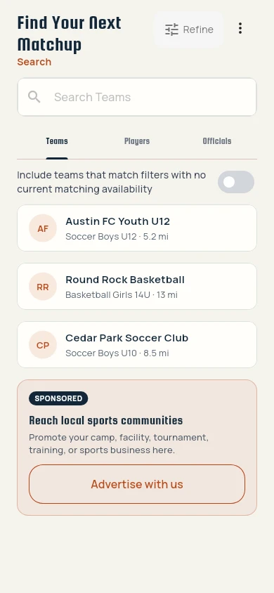 Search results listing teams with sport, age group and distance